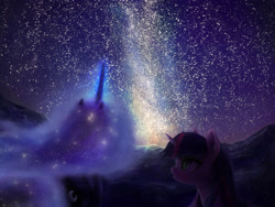 Size: 4000x3000 | Tagged: safe, artist:plotcore, imported from derpibooru, princess luna, twilight sparkle, alicorn, pony, female, galaxy mane, mare, night, stars