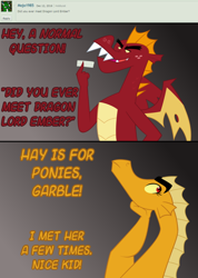 Size: 600x844 | Tagged: safe, artist:queencold, imported from derpibooru, garble, oc, oc:caldera, dragon, ask caldera, ask, dialogue, dragon oc, dragoness, duo, female, gray background, implied princess ember, male, mother, mother and son, simple background, teenaged dragon, tumblr