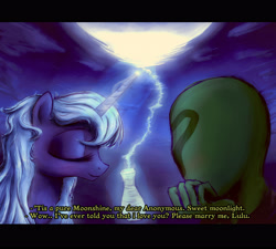 Size: 3947x3547 | Tagged: safe, artist:plotcore, imported from derpibooru, princess luna, oc, oc:anon, alicorn, human, pony, alcohol, blushing, dialogue, eyes closed, female, human male, magic, male, mare, moon, moonshine, subtitles, telekinesis