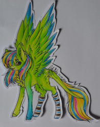 Size: 1024x1303 | Tagged: safe, artist:adakola, imported from derpibooru, oc, oc only, oc:midori, pegasus, pony, clothes, colored wings, colored wingtips, female, mare, socks, solo, striped socks, tongue out, traditional art