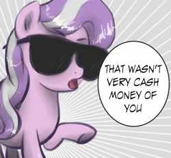 Size: 1541x1425 | Tagged: safe, artist:plotcore, imported from derpibooru, diamond tiara, earth pony, pony, cash money, dialogue, female, mare, meme, ponified, solo, sunglasses