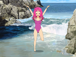 Size: 2000x1500 | Tagged: safe, artist:php45, deleted from derpibooru, imported from derpibooru, pinkie pie, human, alternate hairstyle, armpits, barefoot, beach, bracelet, clothes, eyes closed, feet, female, humanized, jewelry, kisekae, one-piece swimsuit, solo, swimsuit