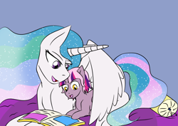 Size: 1414x1000 | Tagged: safe, artist:jolliapplegirl, imported from derpibooru, princess celestia, oc, oc:sirius veil, alicorn, pony, unicorn, book, female, foal, hug, magical lesbian spawn, male, momlestia, mother and son, next generation, offspring, parent:princess celestia, parent:twilight sparkle, parents:twilestia, winghug