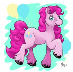 Size: 1420x1416 | Tagged: safe, artist:nerdward, imported from derpibooru, pinkie pie, earth pony, pony, abstract background, female, raised hoof, solo, unshorn fetlocks