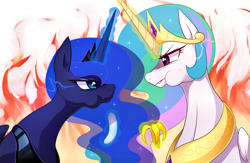 Size: 1549x1011 | Tagged: safe, artist:maren, imported from derpibooru, princess celestia, princess luna, alicorn, pony, a royal problem, aweeg*, banana, crown, duo, eating, eye contact, faceoff, female, food, herbivore, jewelry, looking at each other, magic, mare, peytral, regalia, royal sisters, simple background, telekinesis