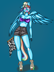 Size: 768x1024 | Tagged: safe, artist:acespade777, imported from derpibooru, rainbow dash, anthro, pegasus, bandeau, blowing bubbles, bubblegum, checkered flag, clothes, colored, cute, digital art, female, food, gum, pinup, roller skates, shorts, skates, solo