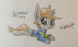 Size: 3622x2185 | Tagged: safe, artist:professionalpuppy, imported from derpibooru, oc, oc only, oc:littlepip, pony, shiba inu, unicorn, fallout equestria, behaving like a dog, clothes, cute, doge, fanfic, fanfic art, female, jumpsuit, mare, pipbuck, prone, simple background, solo, sploot, traditional art, vault suit, white background