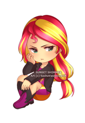 Size: 550x800 | Tagged: safe, artist:sashavasileva, imported from derpibooru, sunset shimmer, equestria girls, chibi, cute, female, human coloration, pouting, shimmerbetes, simple background, sitting, solo, watermark