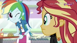 Size: 854x480 | Tagged: safe, imported from derpibooru, screencap, rainbow dash, sunset shimmer, equestria girls, spoiler:eqg specials, clothes, female, food, one eye closed, subtitles, teletoon, wink