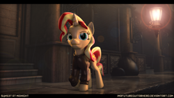 Size: 9600x5400 | Tagged: safe, artist:imafutureguitarhero, imported from derpibooru, sunset shimmer, pony, unicorn, 3d, absurd resolution, adidas, clothes, female, garbage bag, hoodie, horn, lamp, lens flare, mare, multicolored mane, multicolored tail, night, outdoors, rain, raised eyebrow, reflection, rubbish, sidewalk, solo, source filmmaker, street, text, tracksuit, walking, wallpaper, wet