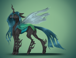 Size: 2000x1530 | Tagged: safe, artist:versinjin, imported from derpibooru, queen chrysalis, changeling, changeling queen, female, gradient background, grin, smiling, solo