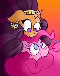 Size: 700x875 | Tagged: safe, artist:snakeythingy, derpibooru exclusive, imported from derpibooru, pinkie pie, saffron masala, pony, fluffy mane, gradient background, looking at each other, poofy mane