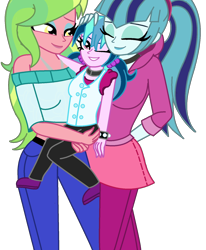 Size: 1378x1674 | Tagged: safe, artist:cbear624, imported from derpibooru, lemon zest, sonata dusk, oc, oc:melody zest, equestria girls, friendship games, rainbow rocks, breasts, carrying, clothes, family, female, lesbian, magical lesbian spawn, mother and daughter, offspring, older, parent:lemon zest, parent:sonata dusk, parents:lemonata, simple background, smiling, transparent background