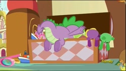 Size: 854x480 | Tagged: safe, imported from derpibooru, screencap, spike, dragon, a flurry of emotions, claws, discovery family logo, feet, male, toy, toy box