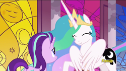 Size: 1280x720 | Tagged: safe, imported from derpibooru, screencap, princess celestia, starlight glimmer, alicorn, pony, unicorn, a royal problem, cute, cutelestia, discovery family logo, eyes closed, female, happy, hug, jewelry, lip bite, mare, peytral, regalia, rejuvenation, self-hugging, smiling, swapped cutie marks, winghug