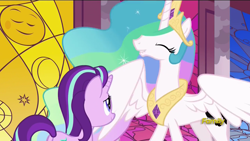 Size: 1280x720 | Tagged: safe, imported from derpibooru, screencap, princess celestia, starlight glimmer, pony, a royal problem, eyes closed, invisible stallion, lip bite, out of context