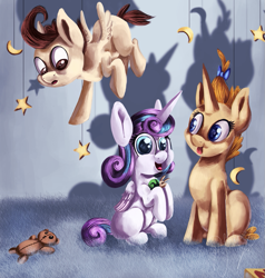 Size: 951x1000 | Tagged: safe, artist:shivannie, imported from derpibooru, pound cake, princess flurry heart, pumpkin cake, whammy, alicorn, pegasus, pony, unicorn, baby, diaper, looking at you, smiling, trio