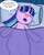 Size: 2400x3000 | Tagged: safe, artist:saburodaimando, imported from derpibooru, starlight glimmer, pony, unicorn, bed, blanket, cold, dialogue, eyes closed, female, implied twilight sparkle, on back, open mouth, pillow, red nosed, sick, solo, sweat, sweatdrop