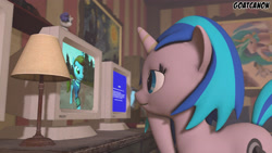 Size: 3840x2160 | Tagged: safe, artist:goatcanon, imported from derpibooru, princess celestia, rarity, oc, oc:homage, oc:littlepip, pony, unicorn, fallout equestria, blue screen of death, clothes, cute, fanfic, fanfic art, female, hooves, horn, jumpsuit, lamp, lesbian, mare, ministry mares, ministry mares statuette, monitor, pipbuck, rarity plushie, solo, vault suit