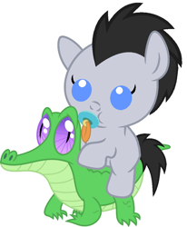 Size: 836x1017 | Tagged: safe, artist:red4567, imported from derpibooru, gummy, lucky clover, pony, baby, baby pony, cute, lucky clover riding gummy, pacifier, ponies riding gators, riding, simple background, white background