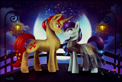Size: 1024x691 | Tagged: safe, artist:das_leben, imported from derpibooru, coloratura, oc, oc:bernard monroe, earth pony, pony, unicorn, bridge, canon x oc, clothes, female, full moon, looking at each other, male, mare, moon, night, smiling, stallion, straight