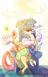 Size: 1000x1600 | Tagged: safe, artist:pimander1446, imported from derpibooru, discord, draconequus, apple of discord, chocolate, chocolate milk, cup, eris, milk, rule 63, solo, throne