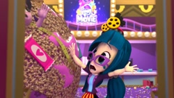 Size: 1920x1080 | Tagged: safe, imported from derpibooru, screencap, juniper montage, equestria girls, my little pony: the movie, the show must go on, candy, candy bar, cinema, doll, equestria girls minis, female, food, horrified, irl, justice, my little pony logo, photo, this will end in tears, toy