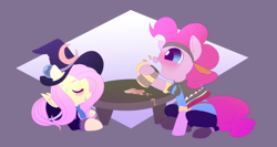 Size: 1006x534 | Tagged: safe, artist:ponycide, imported from derpibooru, fluttershy, pinkie pie, pony, bard, clothes, drinking, drunk, drunkie pie, fantasy class, final fantasy, final fantasy iii, magus, roleponies, simple background, table