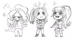 Size: 1737x911 | Tagged: safe, artist:amazingpuffhair, imported from derpibooru, adagio dazzle, aria blaze, sonata dusk, equestria girls, rainbow rocks, angry, chibi, crossed arms, cute, monochrome, sketch, the dazzlings, trio