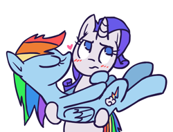 Size: 734x561 | Tagged: safe, artist:raridashdoodles, imported from derpibooru, rainbow dash, rarity, pony, blushing, carrying, cheek kiss, female, kiss on the cheek, kissing, lesbian, raridash, shipping, simple background, white background
