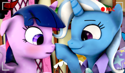 Size: 1853x1080 | Tagged: safe, artist:blackfalcon8, imported from derpibooru, trixie, twilight sparkle, alicorn, pony, unicorn, 3d, boop, cute, diatrixes, twiabetes