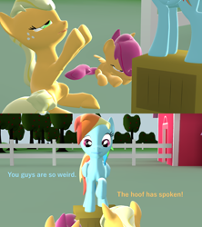 Size: 1920x2160 | Tagged: safe, artist:papadragon69, imported from derpibooru, applejack, rainbow dash, scootaloo, pony, 3d, bowing, cult, dialogue, fetish, hoof fetish, hoof worship, idolatry, praying, pun, source filmmaker, wat, weird, worship