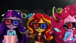 Size: 1920x1080 | Tagged: safe, imported from derpibooru, screencap, pinkie pie, sunset shimmer, twilight sparkle, equestria girls, 3d glasses, cinema, doll, equestria girls minis, female, irl, movie, photo, toy