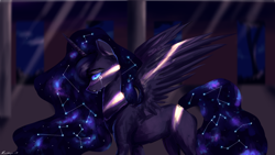 Size: 1920x1080 | Tagged: safe, artist:mineaamanda, imported from derpibooru, princess luna, alicorn, pony, constellation, crepuscular rays, crying, female, galaxy mane, missing cutie mark, night, solo, spread wings, wings