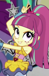 Size: 522x815 | Tagged: safe, imported from derpibooru, screencap, sour sweet, dance magic, equestria girls, spoiler:eqg specials, cropped, disco dress, ear piercing, earring, female, jewelry, peace sign, piercing, solo