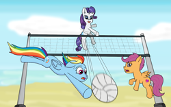 Size: 1600x1000 | Tagged: safe, artist:eulicious, imported from derpibooru, rainbow dash, rarity, scootaloo, pegasus, pony, unicorn, beach, cloud, implied lesbian, implied rarijack, implied shipping, net, sweat, volleyball, water