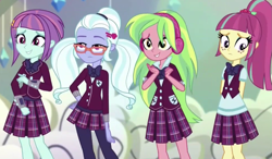 Size: 1229x718 | Tagged: safe, imported from derpibooru, screencap, lemon zest, sour sweet, sugarcoat, sunny flare, dance magic, equestria girls, spoiler:eqg specials, clothes, crystal prep academy uniform, female, glasses, school uniform