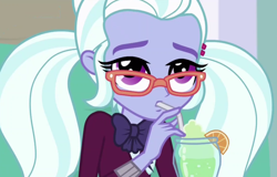 Size: 1378x880 | Tagged: safe, imported from derpibooru, screencap, sugarcoat, dance magic, equestria girls, spoiler:eqg specials, clothes, crystal prep academy uniform, cute, drink, female, glasses, school uniform, solo, sugarcute