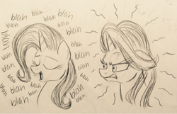 Size: 1200x773 | Tagged: safe, artist:zigragirl, imported from derpibooru, starlight glimmer, trixie, pony, unicorn, angry, bust, cross-popping veins, duo, eyes closed, female, gritted teeth, mare, monochrome, open mouth, pencil drawing, portrait, simple background, smiling, talking, traditional art