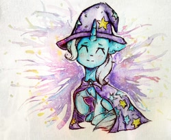 Size: 1174x960 | Tagged: safe, artist:zefirka, imported from derpibooru, trixie, pony, unicorn, ^^, abstract background, cape, clothes, eyes closed, female, happy, hat, mare, raised hoof, sitting, smiling, solo, traditional art, trixie's cape, trixie's hat, watercolor painting