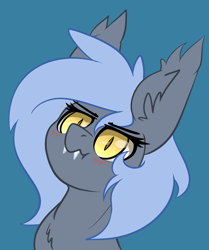 Size: 2439x2912 | Tagged: safe, artist:duop-qoub, imported from derpibooru, oc, oc only, oc:panne, bat pony, pony, blushing, bust, chest fluff, ear fluff, fangs, portrait, simple background, solo, teal background, wavy mouth