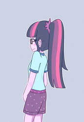 Size: 1280x1860 | Tagged: safe, artist:yuck, imported from derpibooru, sci-twi, twilight sparkle, equestria girls, blue background, blushing, camp everfree outfits, clothes, female, glasses, ponytail, shorts, simple background, solo