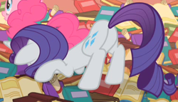 Size: 476x272 | Tagged: safe, imported from derpibooru, screencap, pinkie pie, rarity, earth pony, pony, unicorn, sonic rainboom (episode), book, butt, cropped, face down ass up, faceplant, female, mare, plot