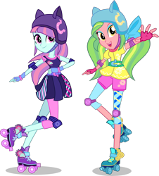 Size: 6778x7500 | Tagged: safe, artist:limedazzle, imported from derpibooru, lemon zest, sunny flare, equestria girls, friendship games, absurd resolution, alternate hairstyle, alternate universe, bow, clothes, duo, duo female, female, fingerless gloves, gloves, helmet, shorts, show accurate, simple background, skirt, transparent background, vector