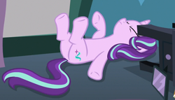 Size: 826x473 | Tagged: safe, imported from derpibooru, screencap, starlight glimmer, pony, unicorn, rock solid friendship, butt, cropped, eyes closed, female, legs in air, lying, mare, on back, plot, solo, starlight's room