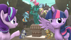 Size: 1024x576 | Tagged: safe, artist:mythicspeed, deleted from derpibooru, imported from derpibooru, applejack, fluttershy, pinkie pie, rainbow dash, rarity, starlight glimmer, twilight sparkle, alicorn, pony, 3d, flying, mane six, source filmmaker, statue of liberty, twilight sparkle (alicorn)