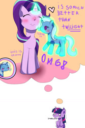 Size: 1012x1512 | Tagged: safe, artist:marian9, imported from derpibooru, starlight glimmer, trixie, twilight sparkle, alicorn, pony, unicorn, blushing, dialogue, female, heart, imagination, jealous, lesbian, levitation, magic, mare, plushie, shipping, smiling, startrix, teary eyes, telekinesis, thought bubble