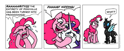 Size: 1995x831 | Tagged: safe, artist:gingerfoxy, imported from derpibooru, pinkie pie, rarity, changeling, earth pony, pony, unicorn, pony comic generator, bait and switch, comic, crying, disguise, disguised changeling, wat