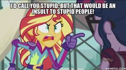 Size: 600x337 | Tagged: safe, edit, edited screencap, imported from derpibooru, screencap, sci-twi, sunset shimmer, twilight sparkle, equestria girls, friendship games, angry, exploitable meme, image macro, meme, memeful.com, politically correct, sunset yells at twilight