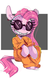 Size: 1588x2505 | Tagged: safe, artist:peachesandcreamated, imported from derpibooru, pinkie pie, pony, clothes, female, grin, pinkamena diane pie, prison outfit, prisoner pp, sitting, smiling, solo, sunglasses